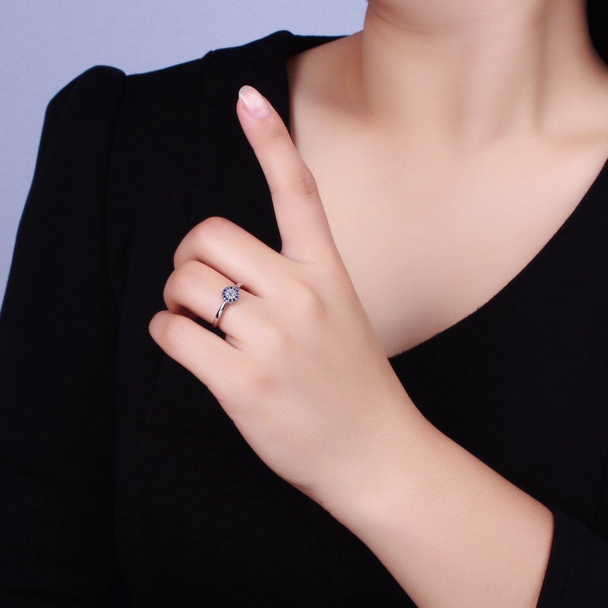 16K Gold Filled Blue Micro Paved CZ Round Evil Eye Adjustable Ring in Gold & Silver | O-1627 O-1628