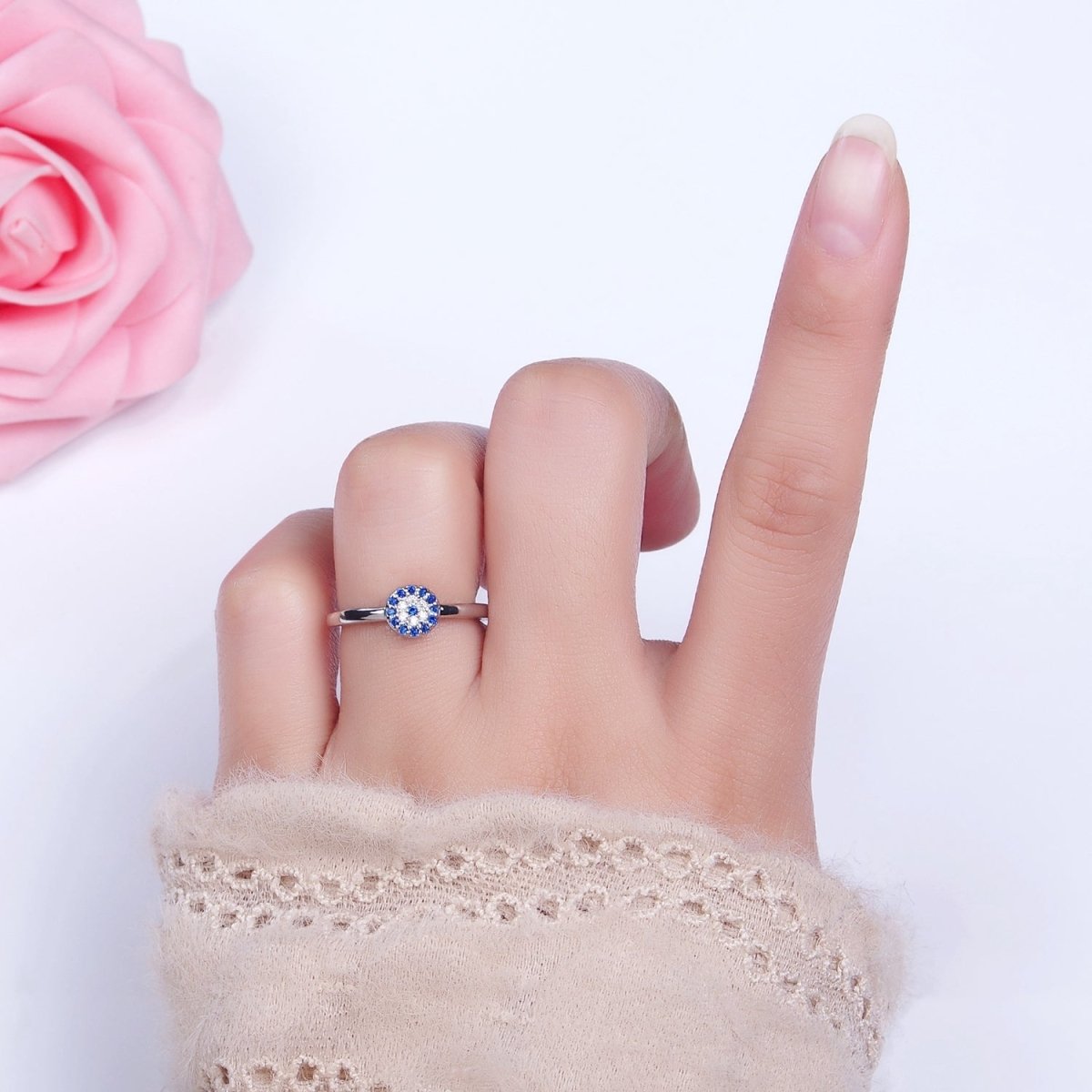 16K Gold Filled Blue Micro Paved CZ Round Evil Eye Adjustable Ring in Gold & Silver | O-1627 O-1628