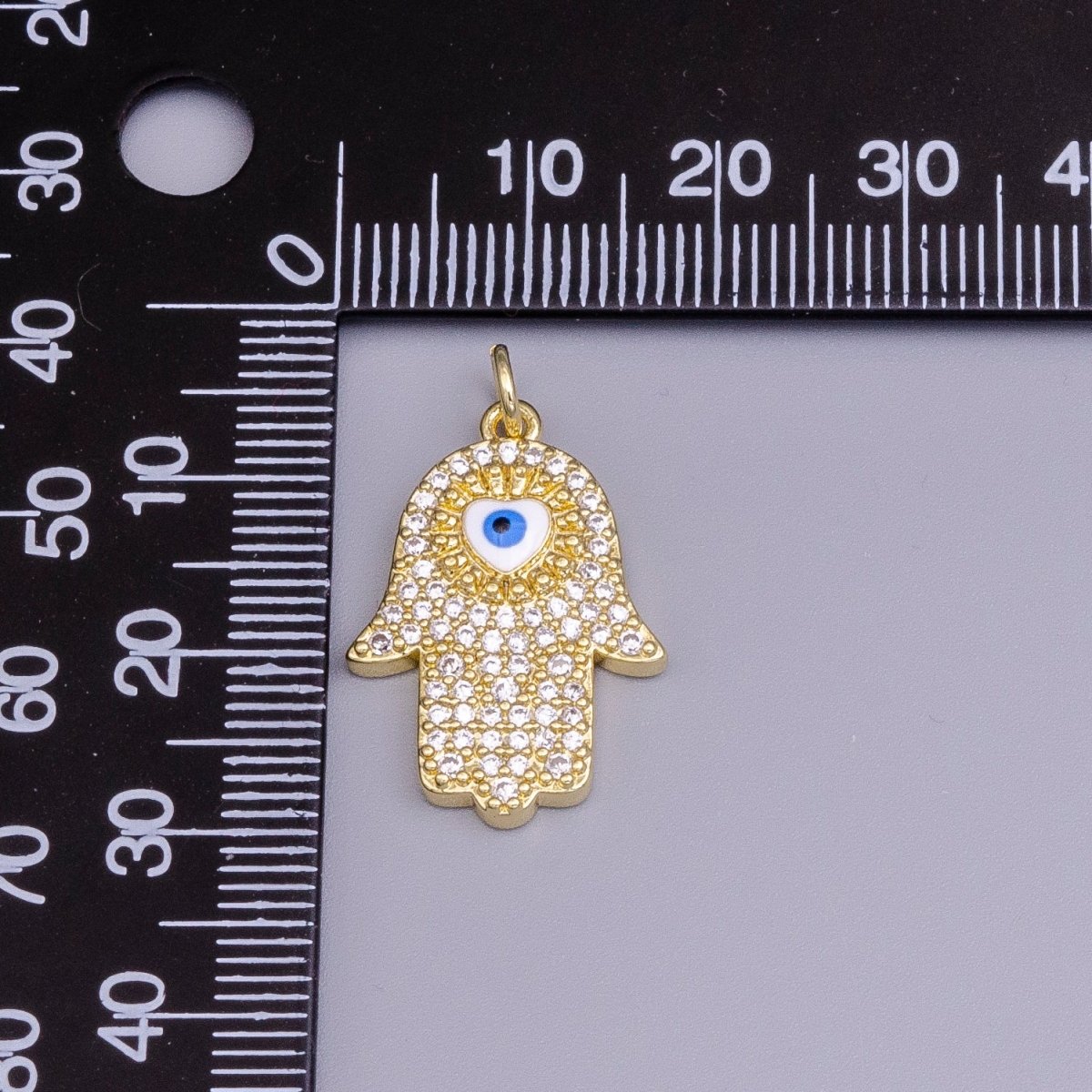 16K Gold Filled Blue, White Evil Eye Enamel Micro Paved CZ Hamsa Hand Charm | AC1334 AC1335