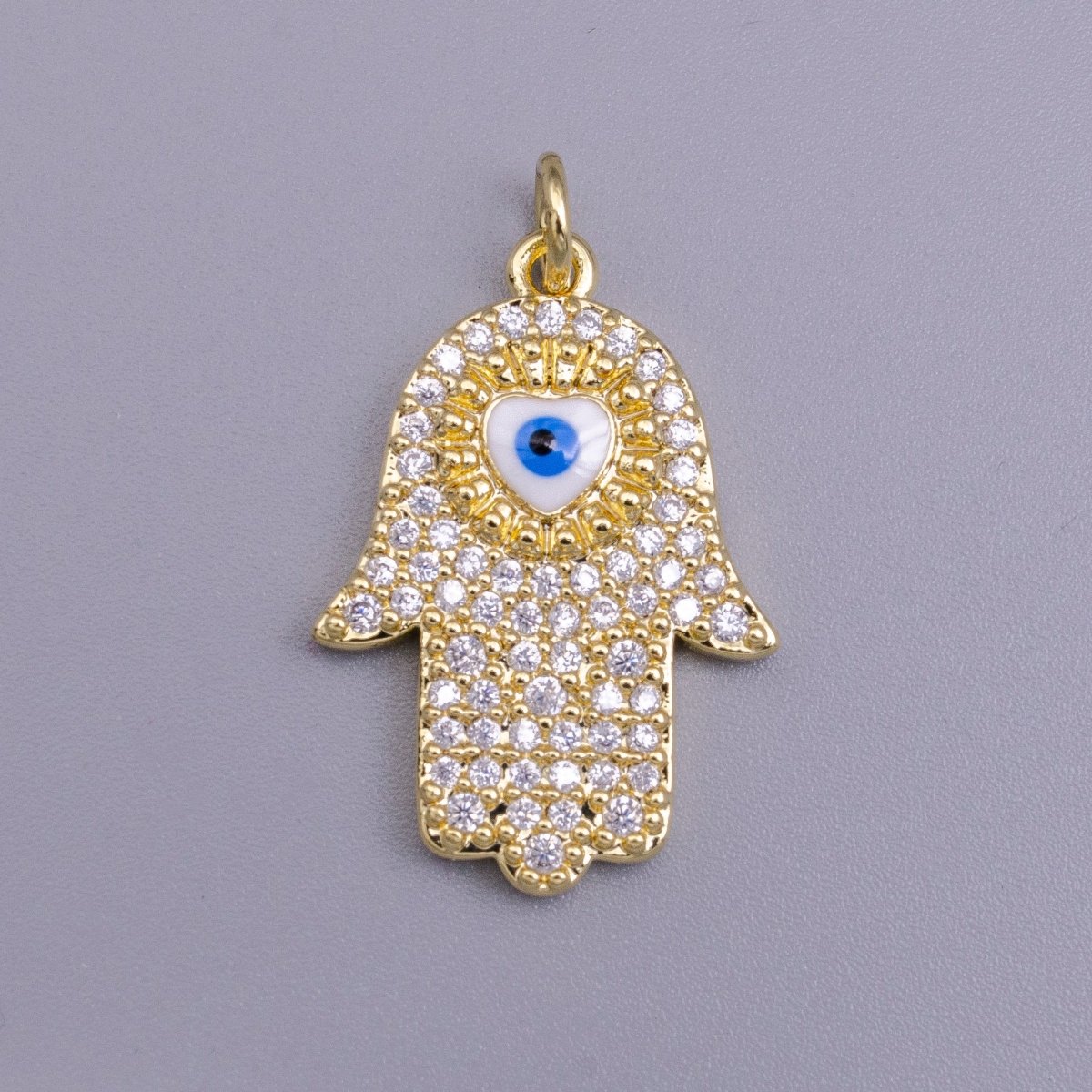 16K Gold Filled Blue, White Evil Eye Enamel Micro Paved CZ Hamsa Hand Charm | AC1334 AC1335