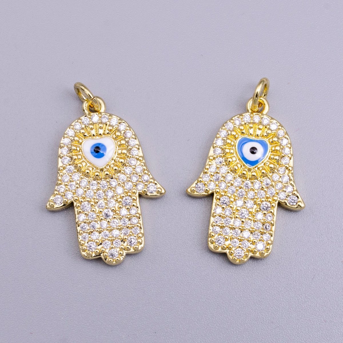 16K Gold Filled Blue, White Evil Eye Enamel Micro Paved CZ Hamsa Hand Charm | AC1334 AC1335