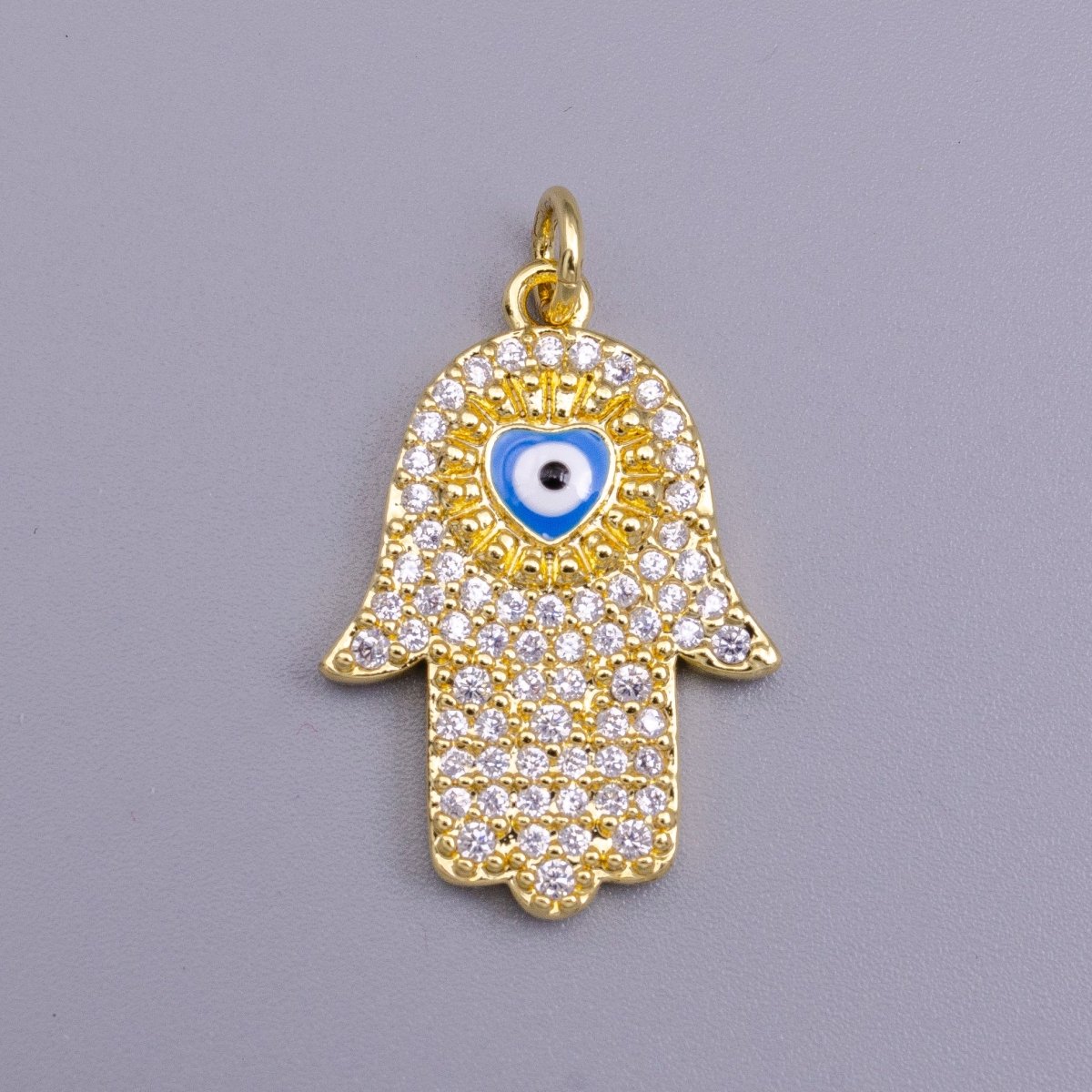 16K Gold Filled Blue, White Evil Eye Enamel Micro Paved CZ Hamsa Hand Charm | AC1334 AC1335