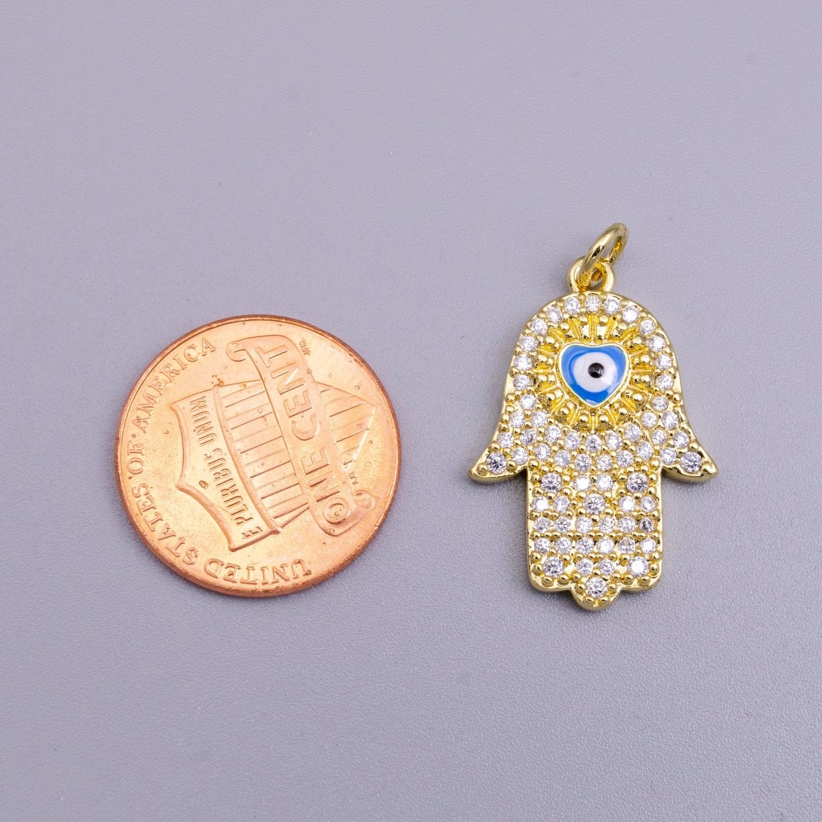 16K Gold Filled Blue, White Evil Eye Enamel Micro Paved CZ Hamsa Hand Charm | AC1334 AC1335