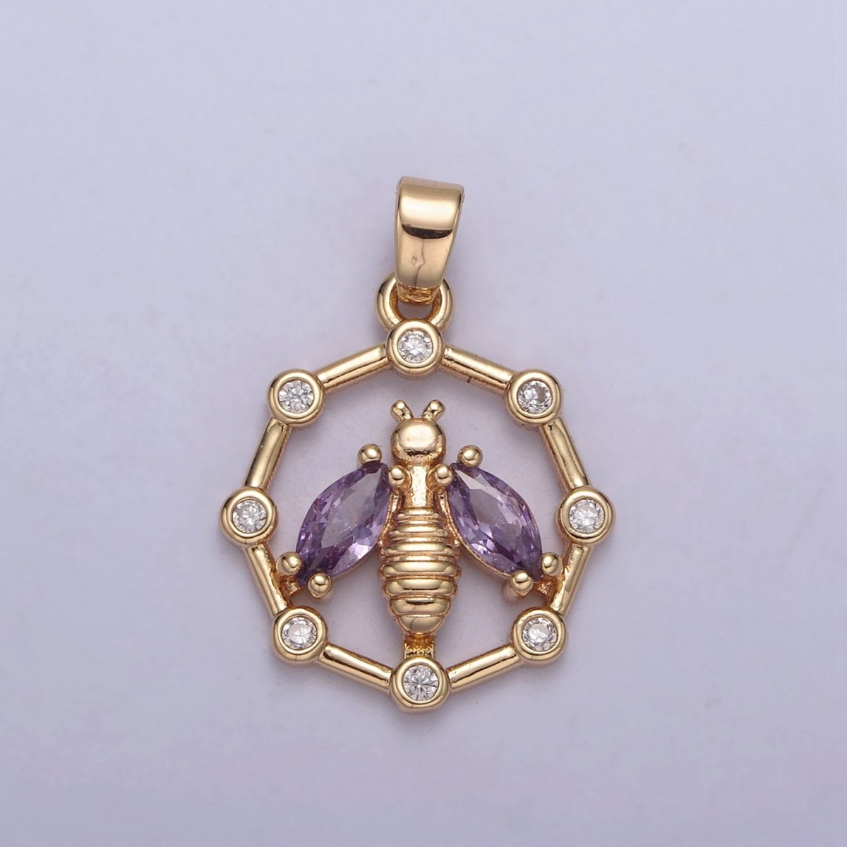 16K Gold Filled Bumble Bee Hexagonal Green, Pink, Clear, Purple CZ Point Open Pendant H-406 H-408 H-409 H-410