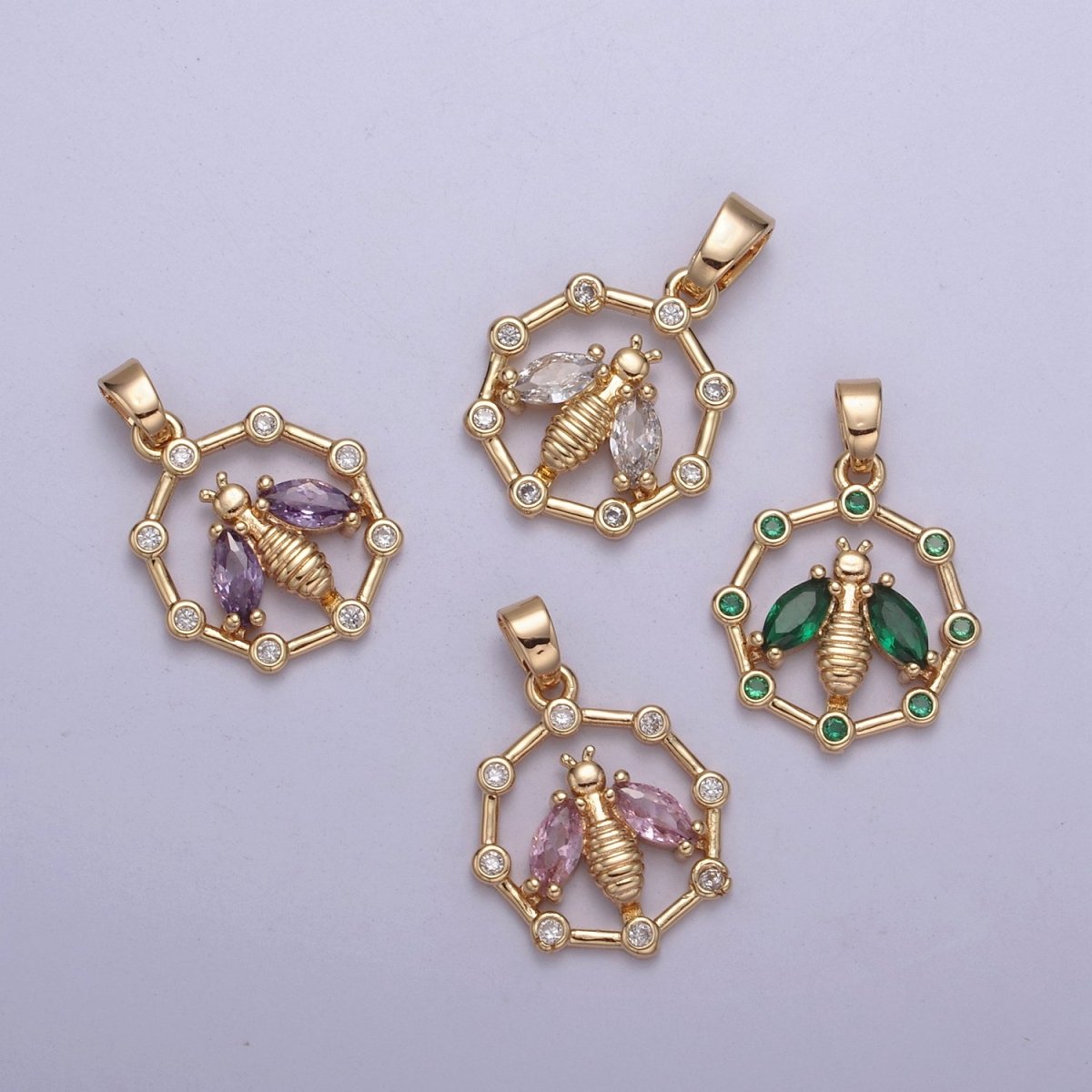 16K Gold Filled Bumble Bee Hexagonal Green, Pink, Clear, Purple CZ Point Open Pendant H-406 H-408 H-409 H-410