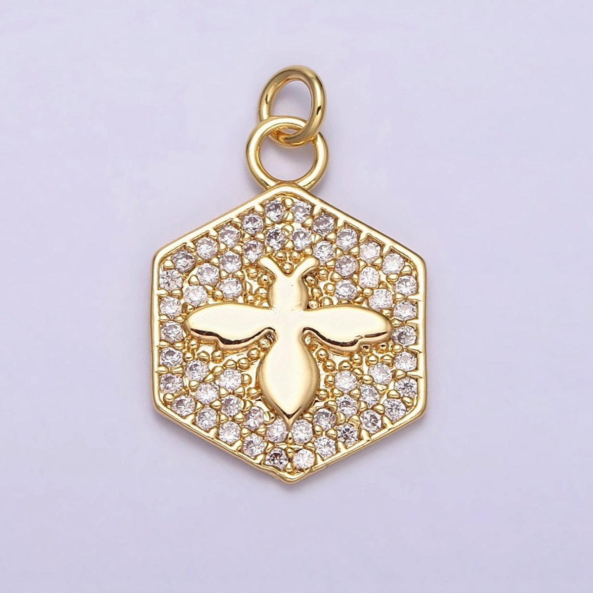 16K Gold Filled Bumble Queen Bee Micro Paved CZ Hexagon Add-On Charm in Gold & Silver | AC1065 AC1066