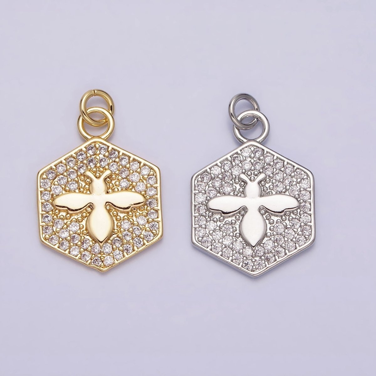 16K Gold Filled Bumble Queen Bee Micro Paved CZ Hexagon Add-On Charm in Gold & Silver | AC1065 AC1066