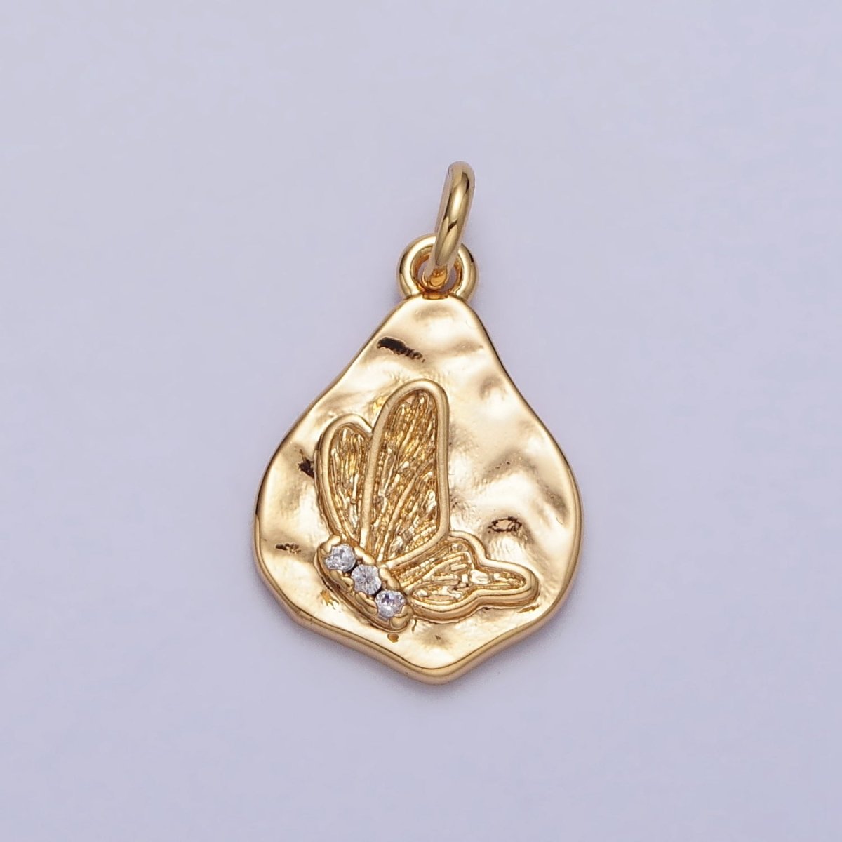 16K Gold Filled Butterfly Micro Paved CZ Abstract Hammered Charm in Gold & Silver | AC296