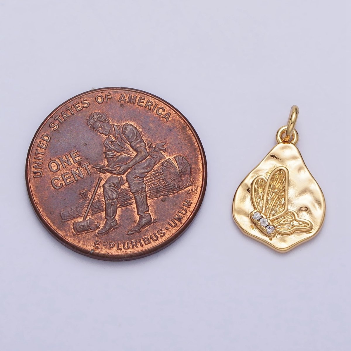 16K Gold Filled Butterfly Micro Paved CZ Abstract Hammered Charm in Gold & Silver | AC296