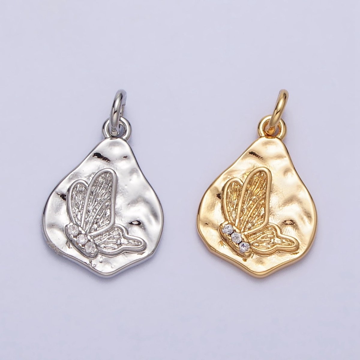 16K Gold Filled Butterfly Micro Paved CZ Abstract Hammered Charm in Gold & Silver | AC296