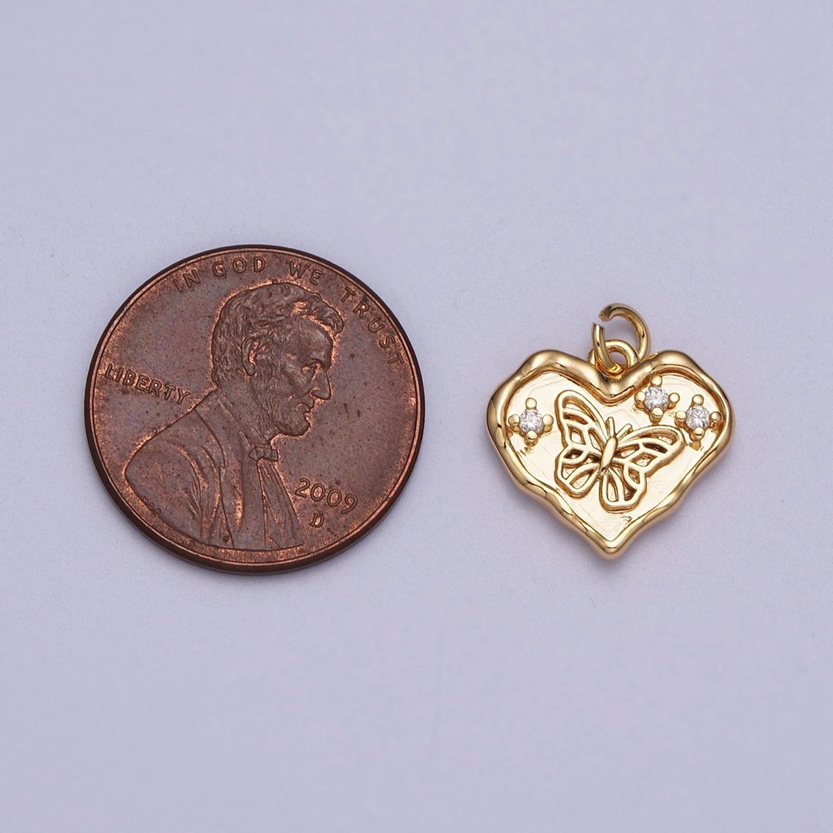 OS 16K Gold Filled Butterfly Textured Stamped Heart Charm | E-024