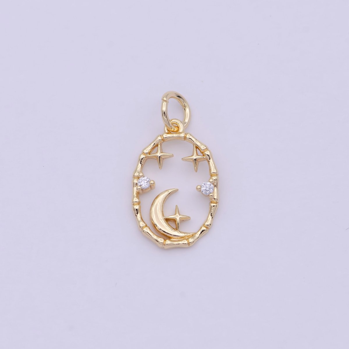 16K Gold Filled Celestial Crescent Moon Stars CZ Open Oval Charm in Gold & Silver N-247 AC-275