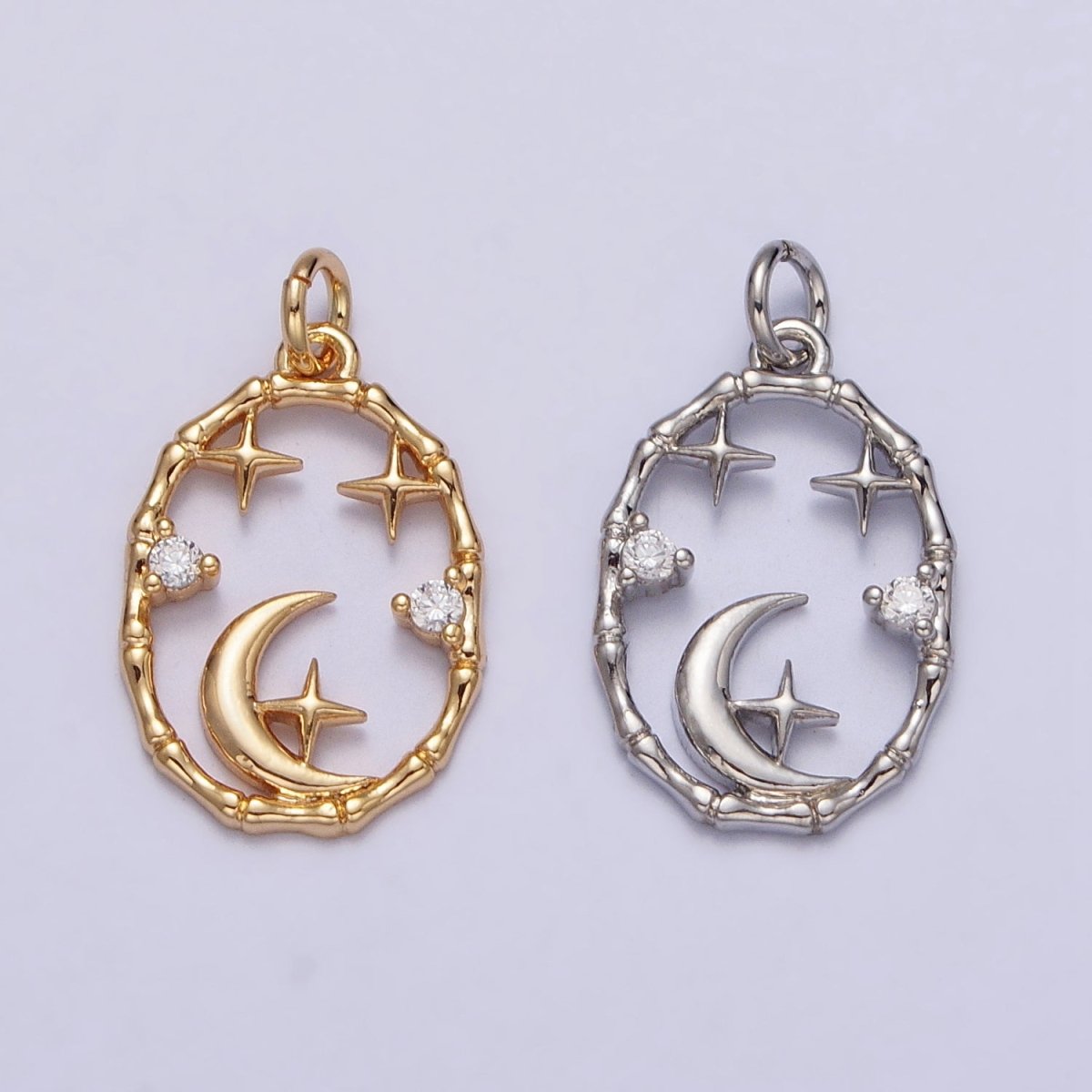 16K Gold Filled Celestial Crescent Moon Stars CZ Open Oval Charm in Gold & Silver N-247 AC-275