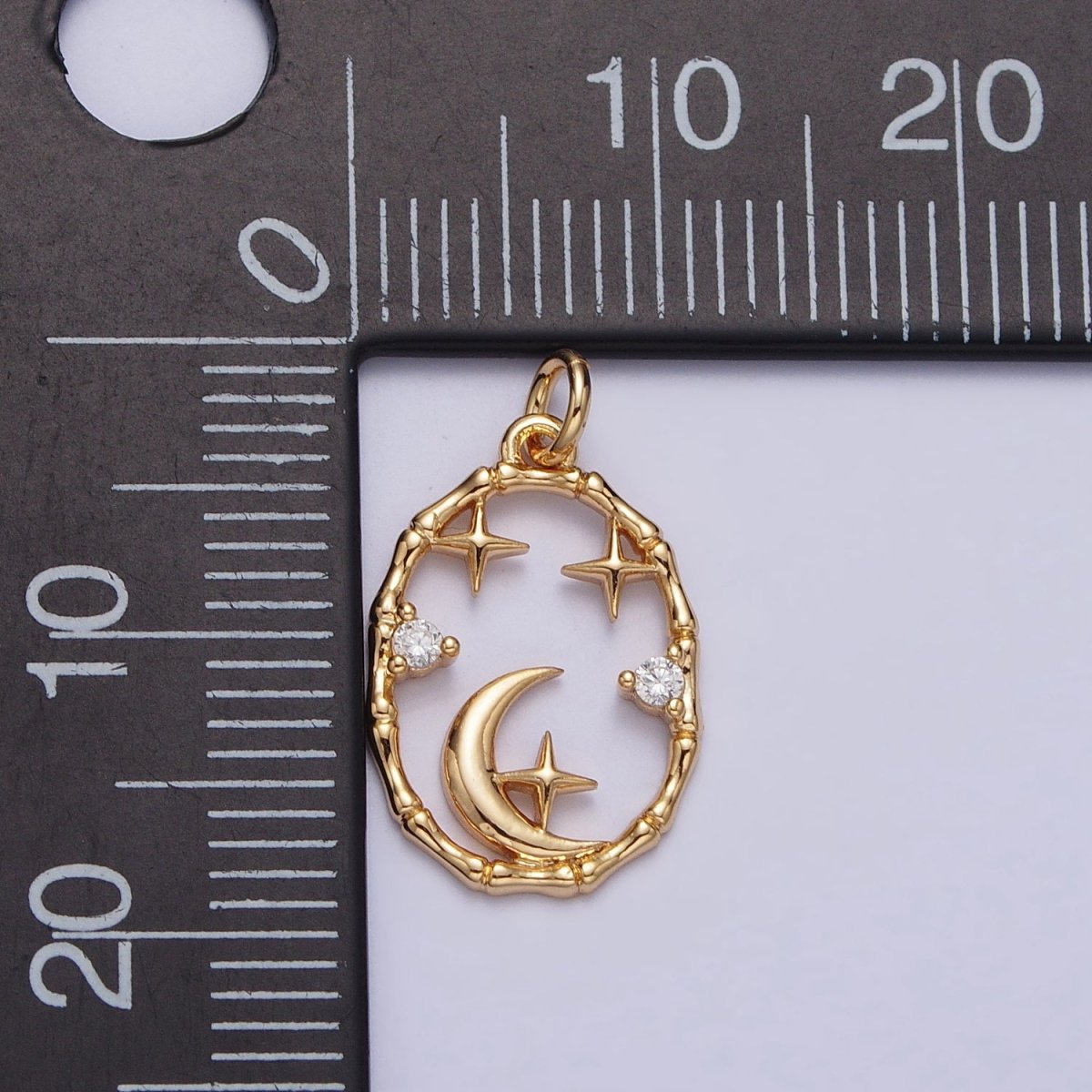 16K Gold Filled Celestial Crescent Moon Stars CZ Open Oval Charm in Gold & Silver N-247 AC-275