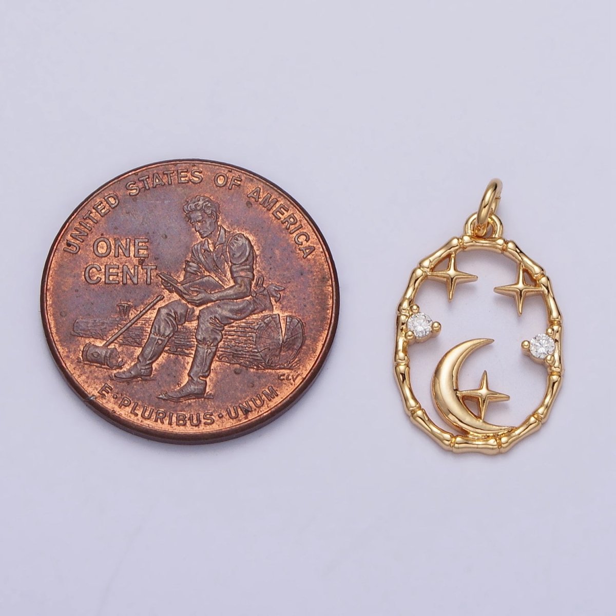 16K Gold Filled Celestial Crescent Moon Stars CZ Open Oval Charm in Gold & Silver N-247 AC-275