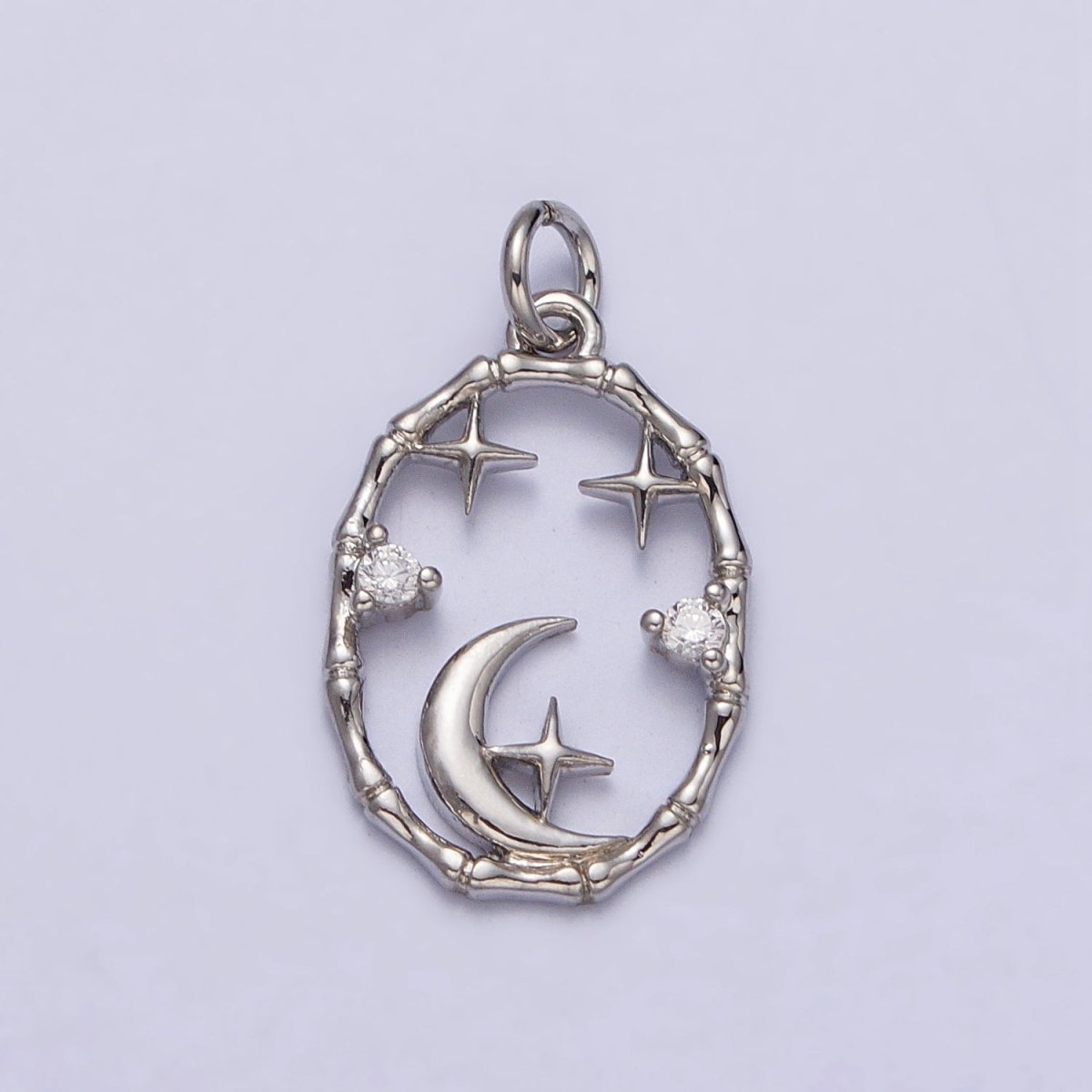 16K Gold Filled Celestial Crescent Moon Stars CZ Open Oval Charm in Gold & Silver N-247 AC-275