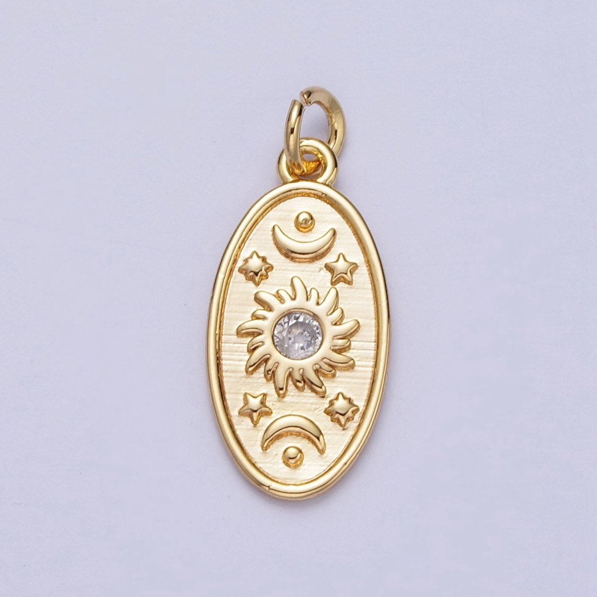 OS 16K Gold Filled Celestial Cubic Zirconia Sun Star Crescent Moon Oval Charm | N-214