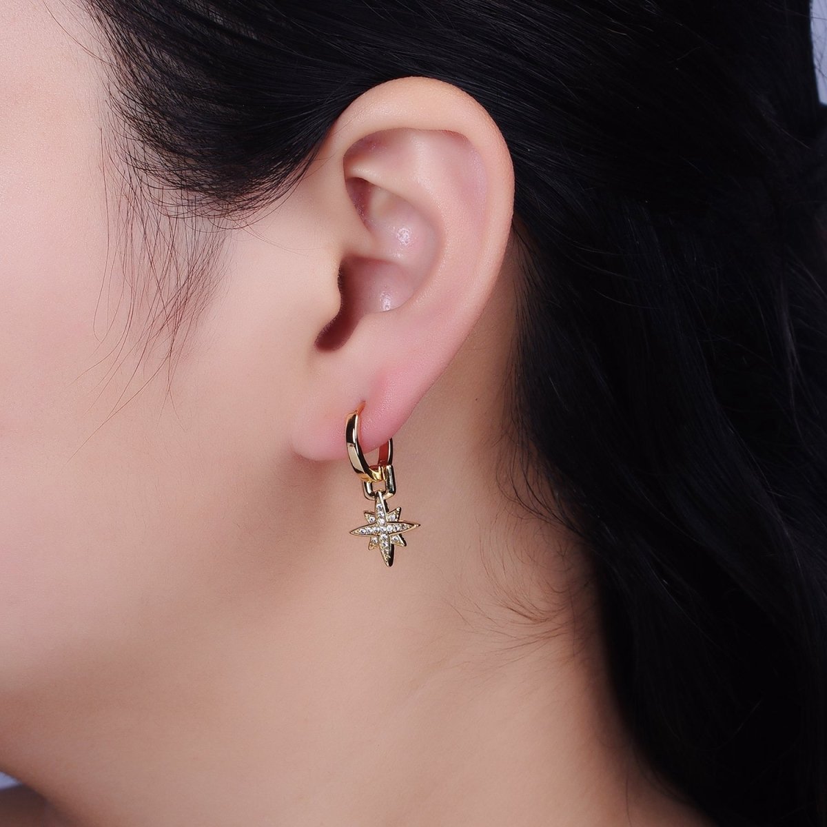 16K Gold Filled Celestial Star Micro Paved Drop Huggie Earrings in Gold | AD1263