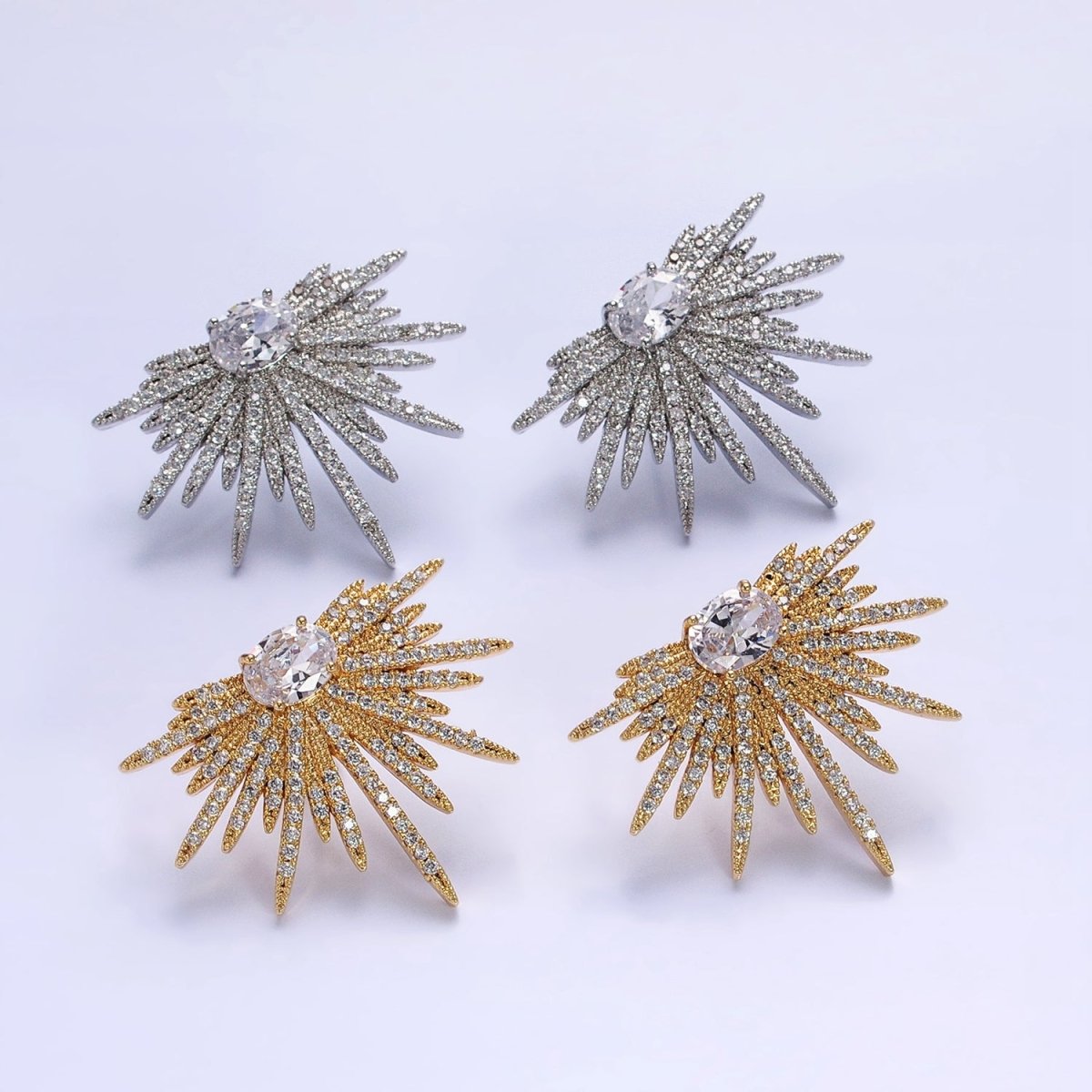 16K Gold Filled Celestial Starburst Oval Micro Paved CZ Stud Earrings in Gold & Silver | AB1537 AB1538