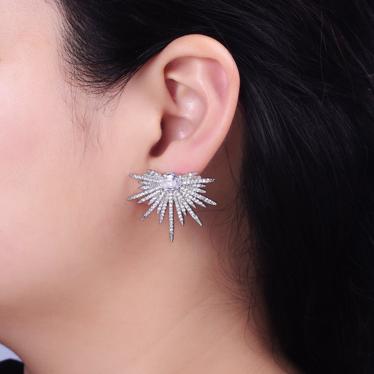 16K Gold Filled Celestial Starburst Oval Micro Paved CZ Stud Earrings in Gold & Silver | AB1537 AB1538