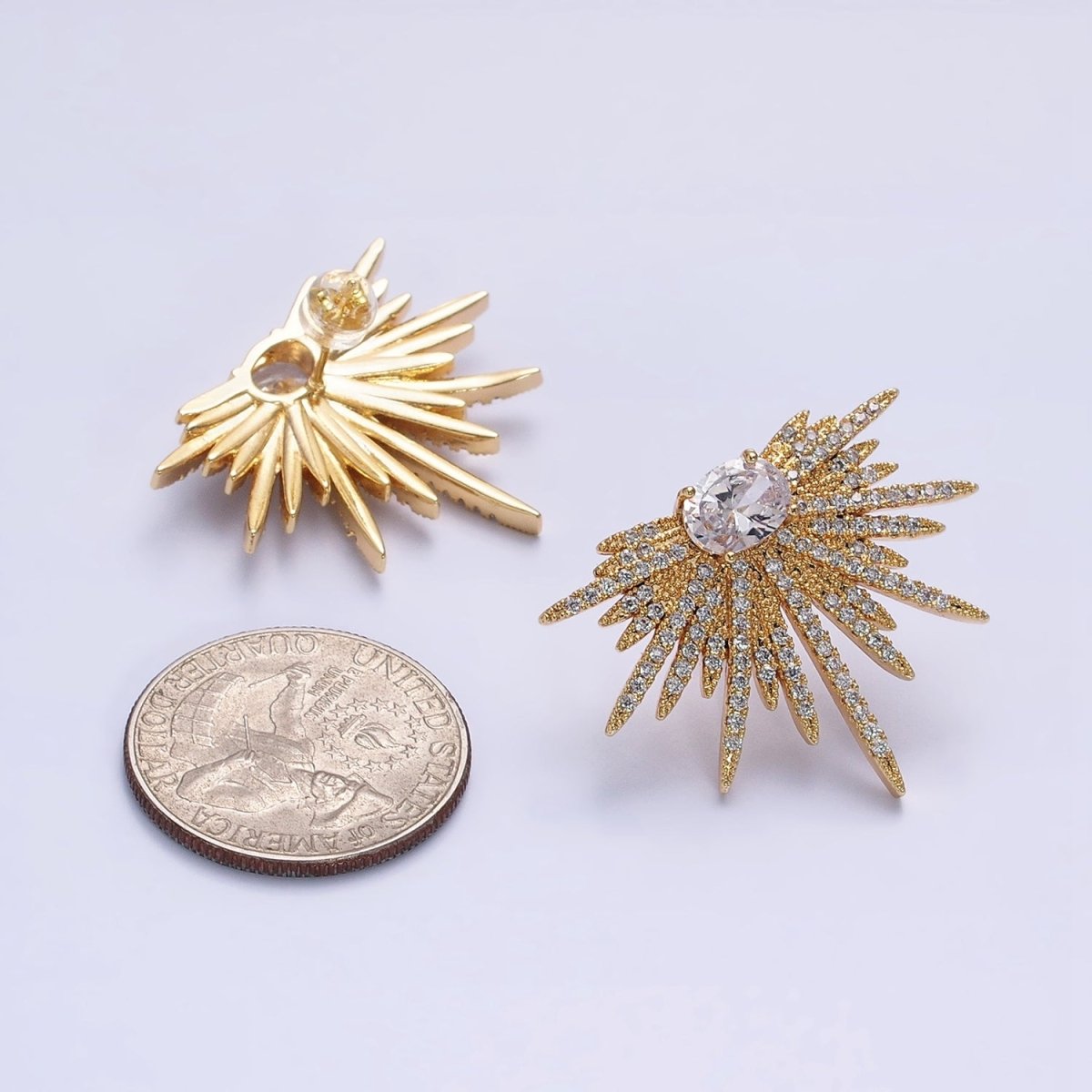 16K Gold Filled Celestial Starburst Oval Micro Paved CZ Stud Earrings in Gold & Silver | AB1537 AB1538