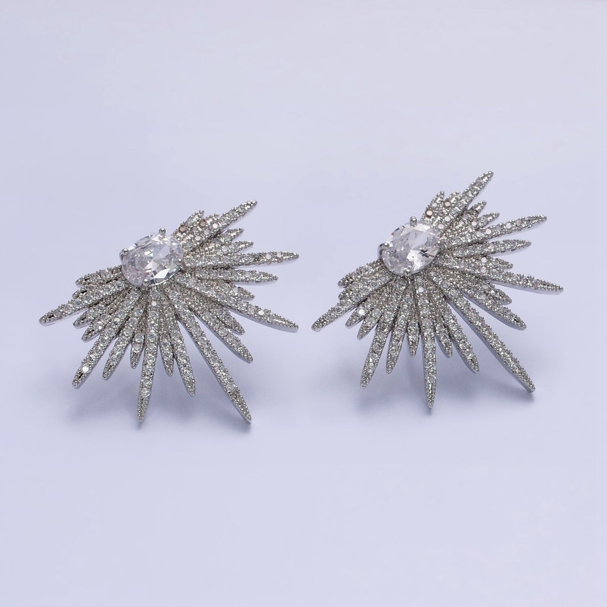 16K Gold Filled Celestial Starburst Oval Micro Paved CZ Stud Earrings in Gold & Silver | AB1537 AB1538