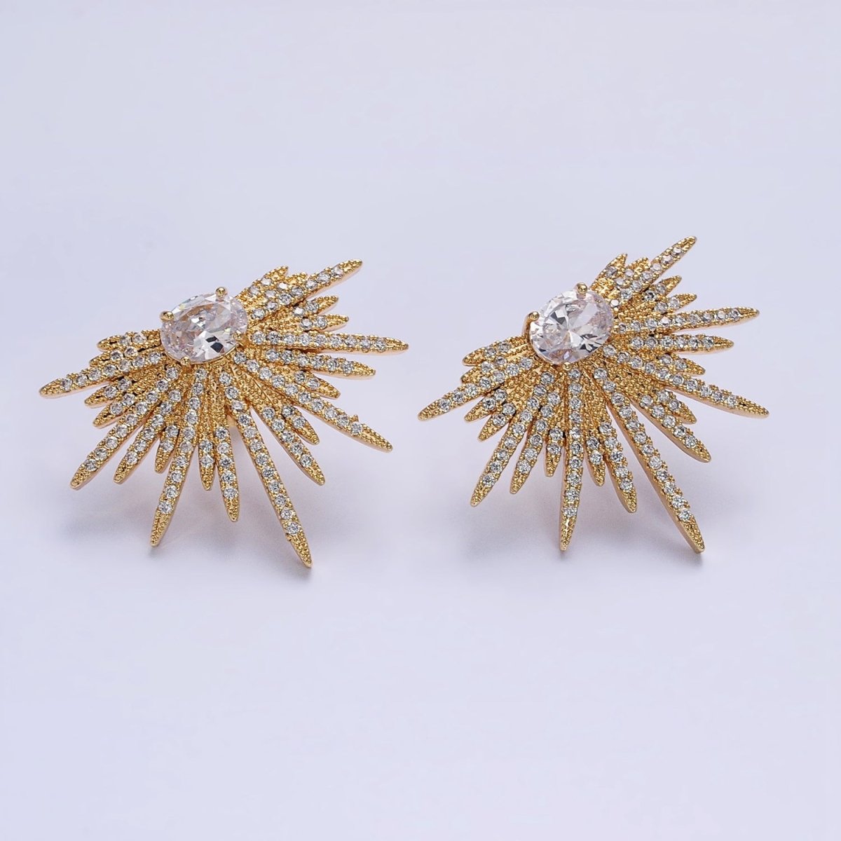 16K Gold Filled Celestial Starburst Oval Micro Paved CZ Stud Earrings in Gold & Silver | AB1537 AB1538