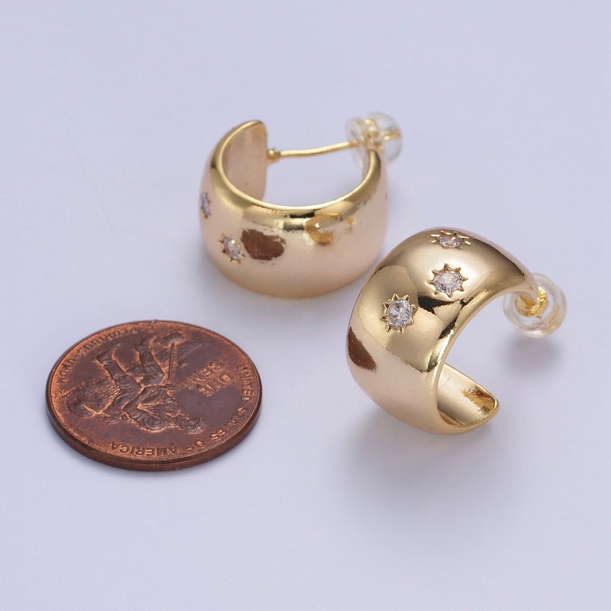 16K Gold Filled Celestial Sun Star Clear CZ Wide Dome 17mm C-Shaped Hoop Earring | AB173 - DLUXCA