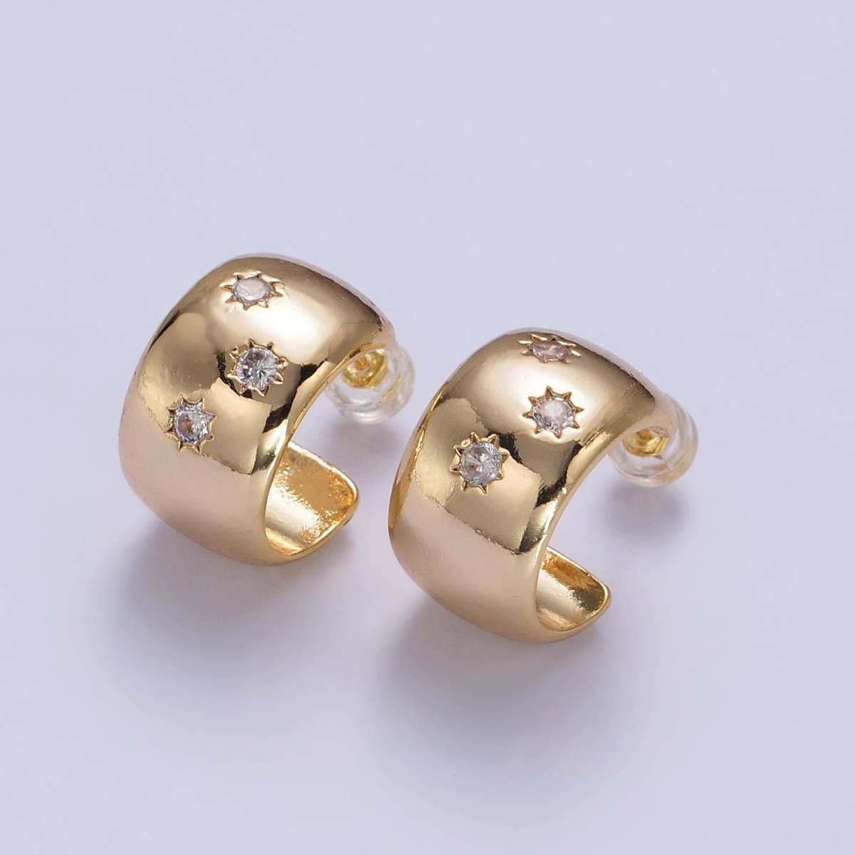 16K Gold Filled Celestial Sun Star Clear CZ Wide Dome 17mm C-Shaped Hoop Earring | AB173 - DLUXCA