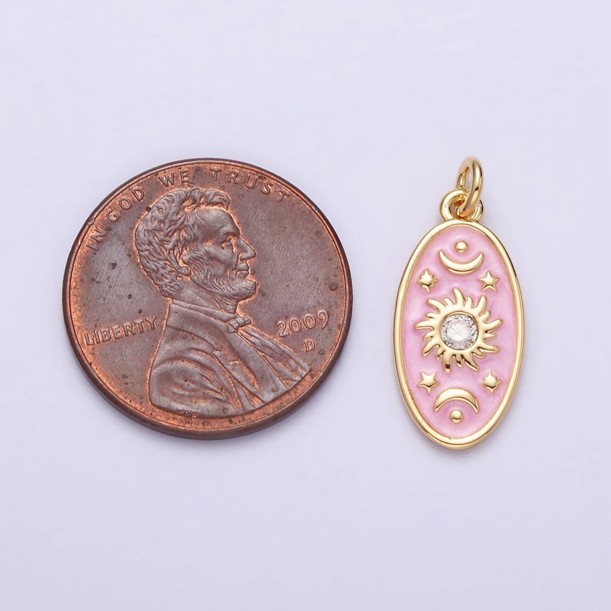 16K Gold Filled Celestial Sun Star Crescent Moon White, Blue, Pink Sparkly Enamel Oval Charm in Gold & Silver | AC1336 - AC1341