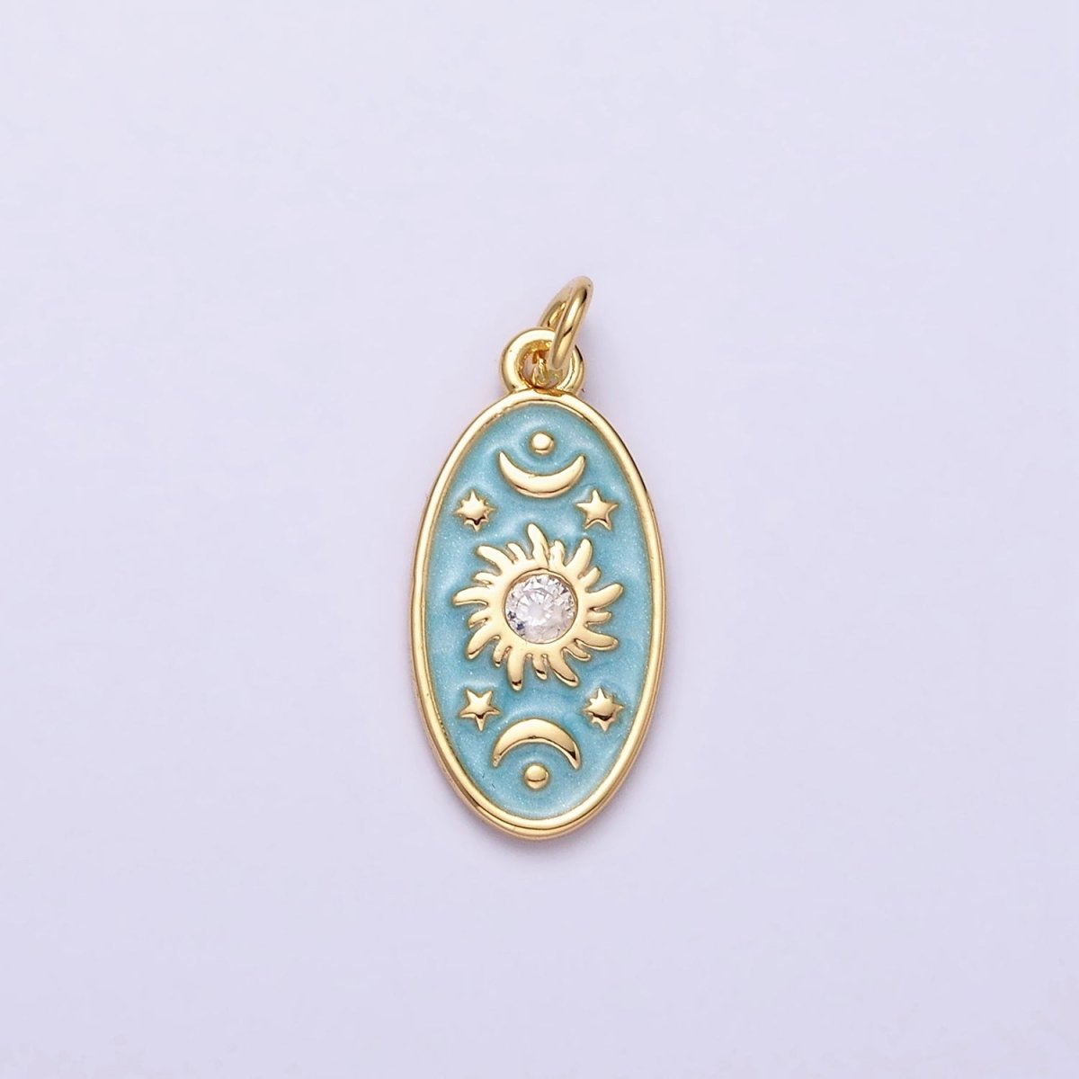 16K Gold Filled Celestial Sun Star Crescent Moon White, Blue, Pink Sparkly Enamel Oval Charm in Gold & Silver | AC1336 - AC1341