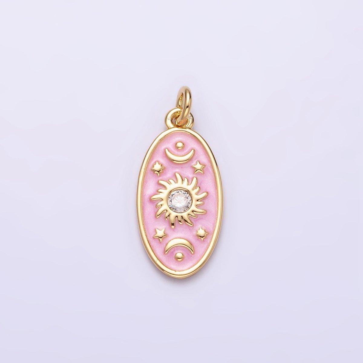 16K Gold Filled Celestial Sun Star Crescent Moon White, Blue, Pink Sparkly Enamel Oval Charm in Gold & Silver | AC1336 - AC1341