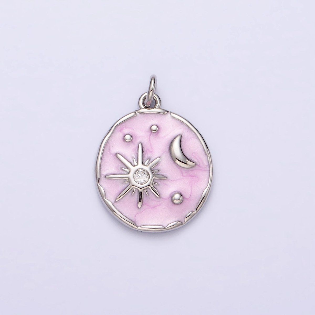 16K Gold Filled Celestial Sun Star Crescent Moon White, Blue, Pink Sparkly Enamel Round Stamped Charm in Gold & Silver | AC1356 - AC1361