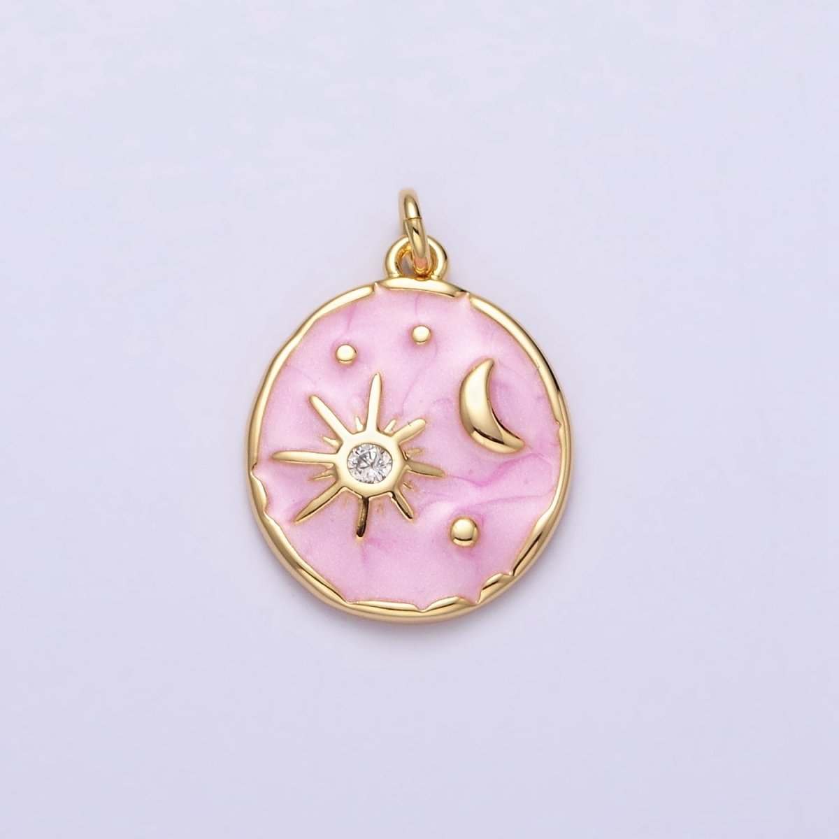 16K Gold Filled Celestial Sun Star Crescent Moon White, Blue, Pink Sparkly Enamel Round Stamped Charm in Gold & Silver | AC1356 - AC1361