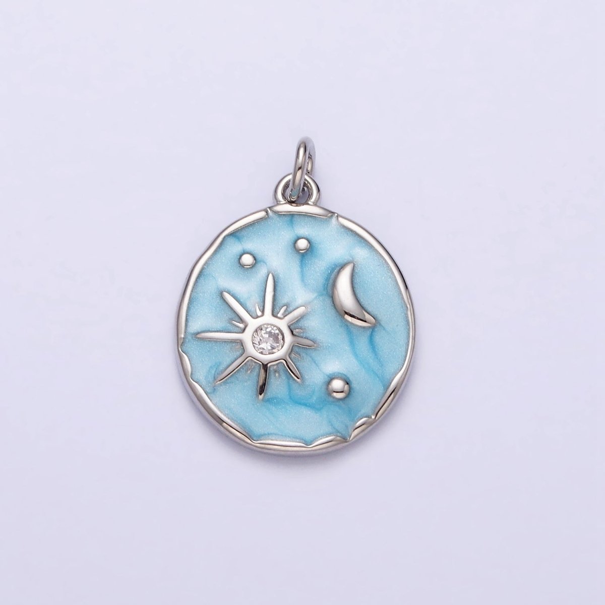 16K Gold Filled Celestial Sun Star Crescent Moon White, Blue, Pink Sparkly Enamel Round Stamped Charm in Gold & Silver | AC1356 - AC1361