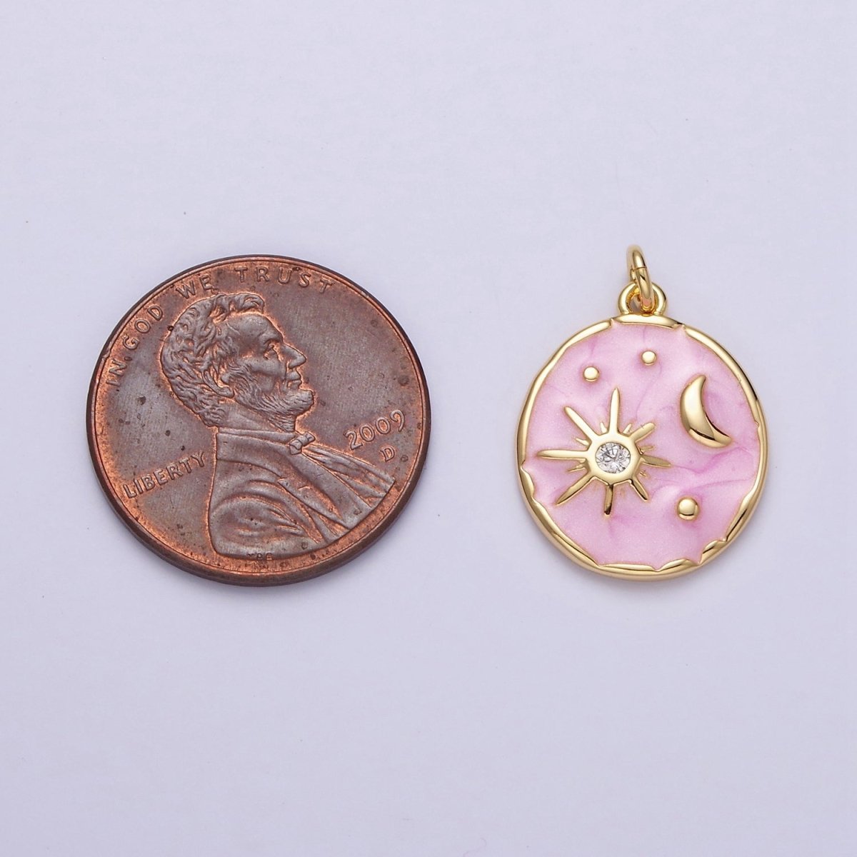 16K Gold Filled Celestial Sun Star Crescent Moon White, Blue, Pink Sparkly Enamel Round Stamped Charm in Gold & Silver | AC1356 - AC1361