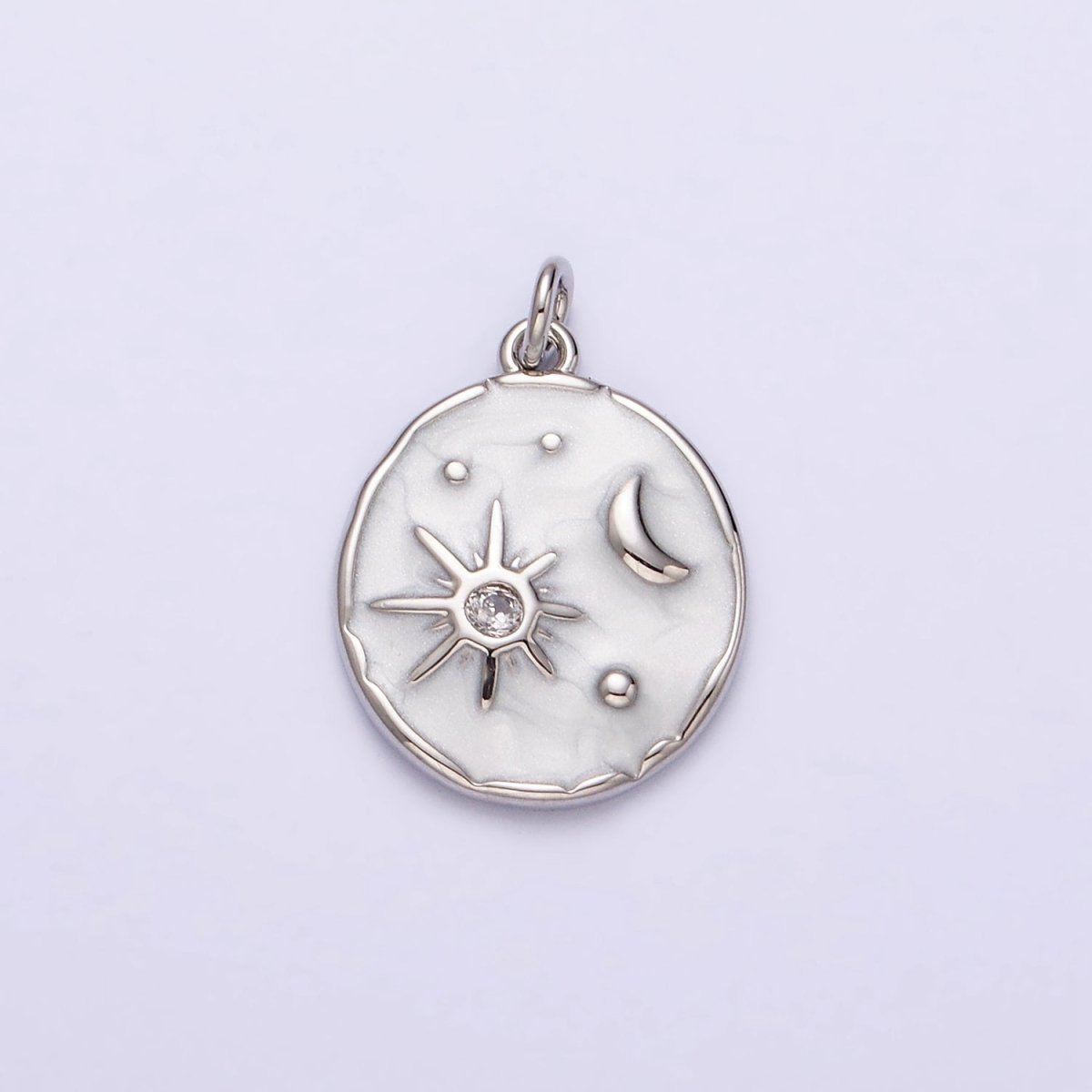 16K Gold Filled Celestial Sun Star Crescent Moon White, Blue, Pink Sparkly Enamel Round Stamped Charm in Gold & Silver | AC1356 - AC1361