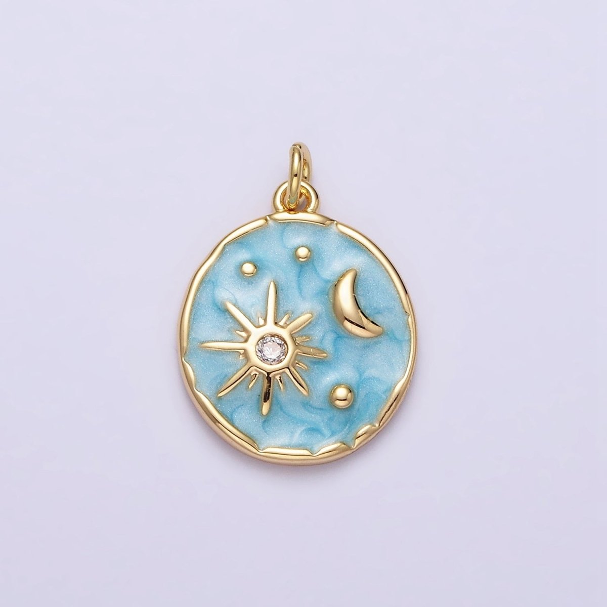 16K Gold Filled Celestial Sun Star Crescent Moon White, Blue, Pink Sparkly Enamel Round Stamped Charm in Gold & Silver | AC1356 - AC1361