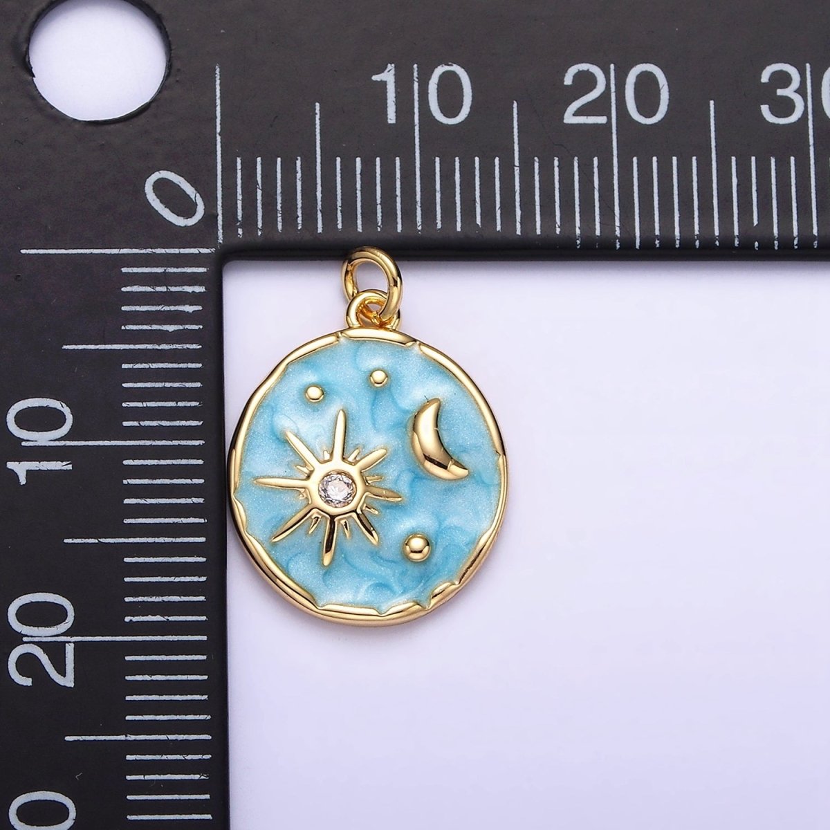 16K Gold Filled Celestial Sun Star Crescent Moon White, Blue, Pink Sparkly Enamel Round Stamped Charm in Gold & Silver | AC1356 - AC1361