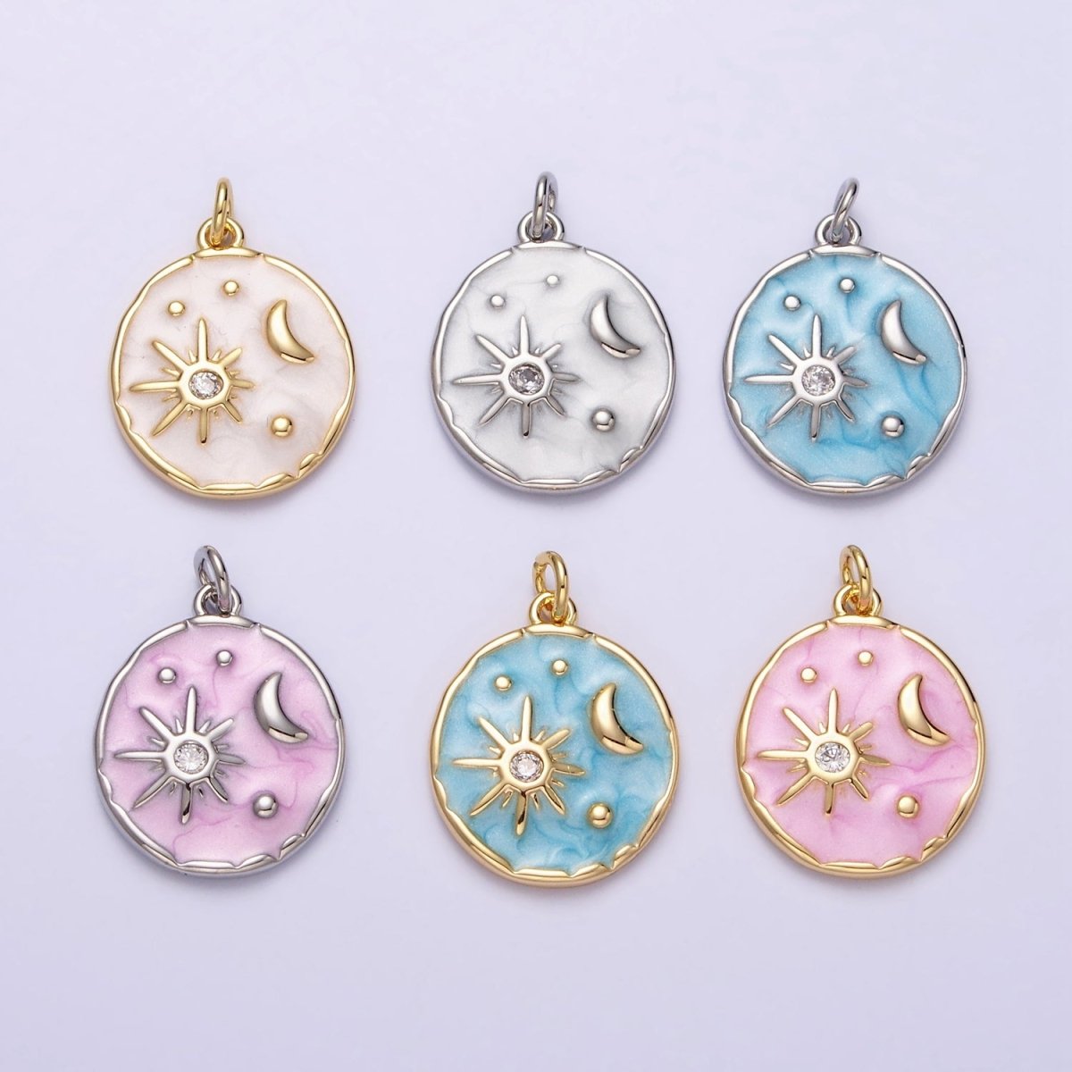 16K Gold Filled Celestial Sun Star Crescent Moon White, Blue, Pink Sparkly Enamel Round Stamped Charm in Gold & Silver | AC1356 - AC1361