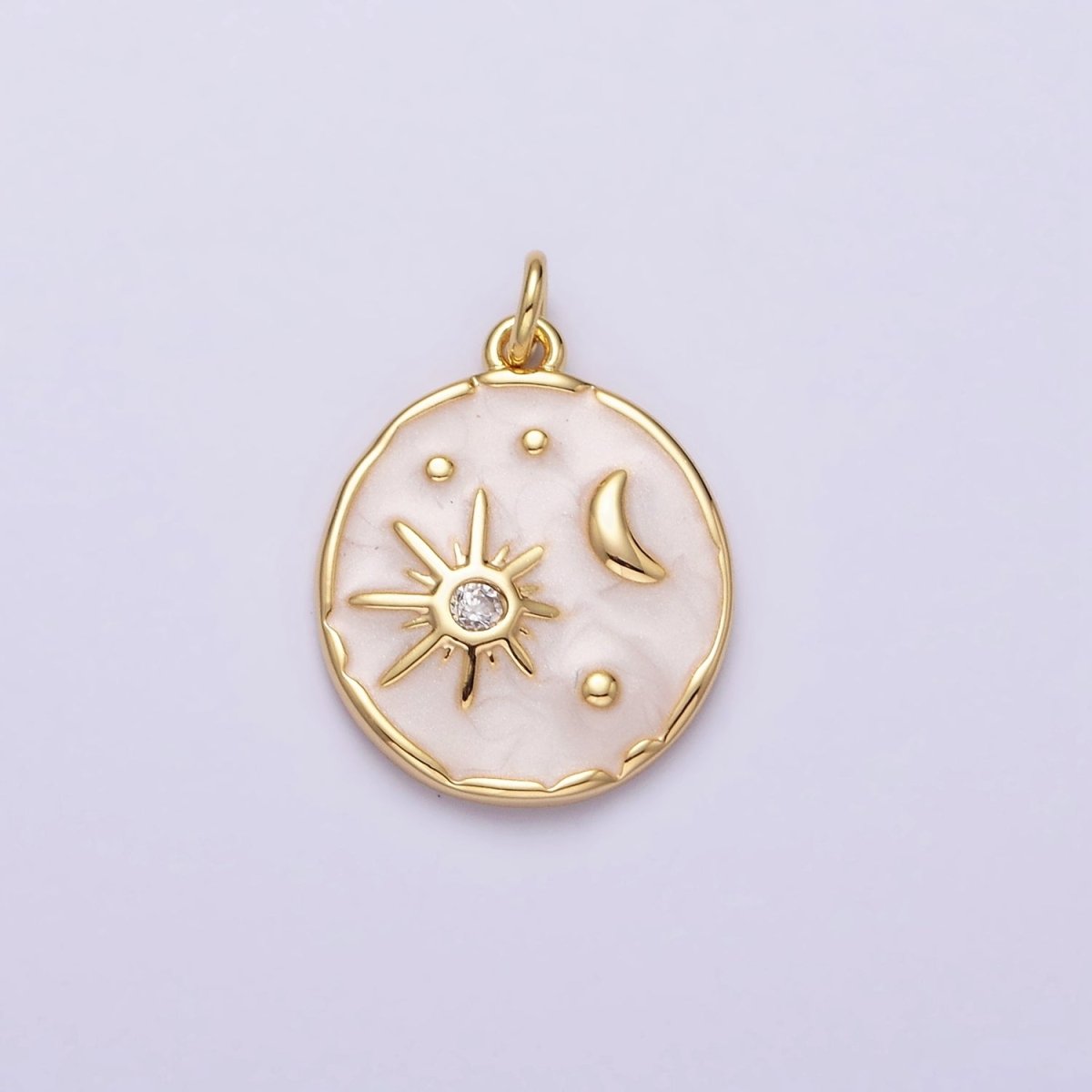 16K Gold Filled Celestial Sun Star Crescent Moon White, Blue, Pink Sparkly Enamel Round Stamped Charm in Gold & Silver | AC1356 - AC1361