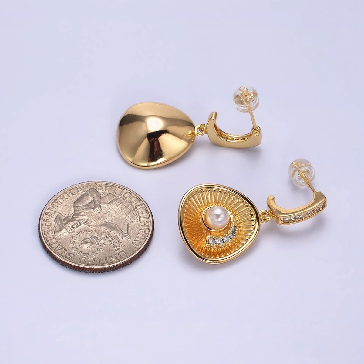 16K Gold Filled Clam Sea Shell Drop Micro Paved CZ J-Shaped Hoop Earrings in Gold & Silver | AD956 AD957