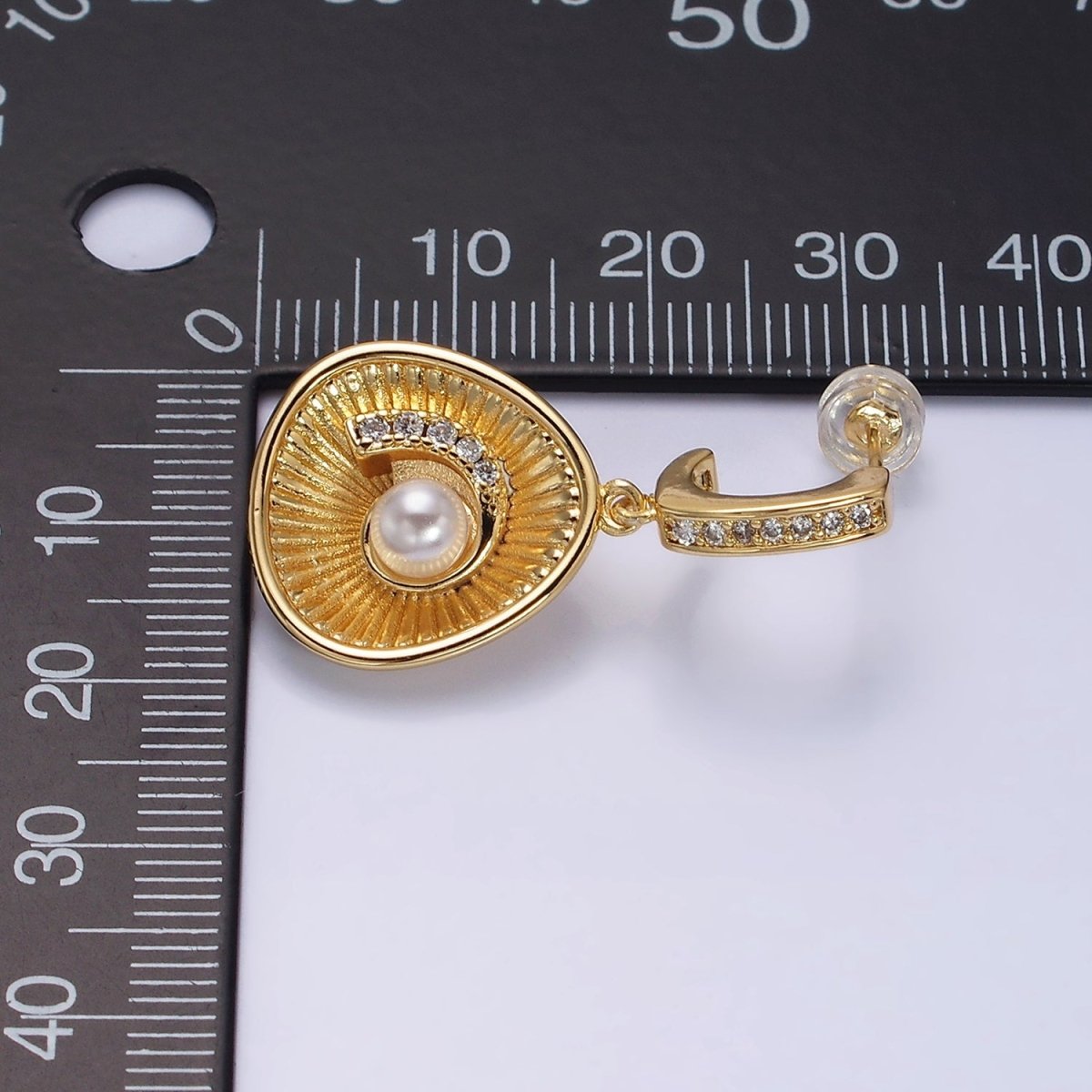 16K Gold Filled Clam Sea Shell Drop Micro Paved CZ J-Shaped Hoop Earrings in Gold & Silver | AD956 AD957