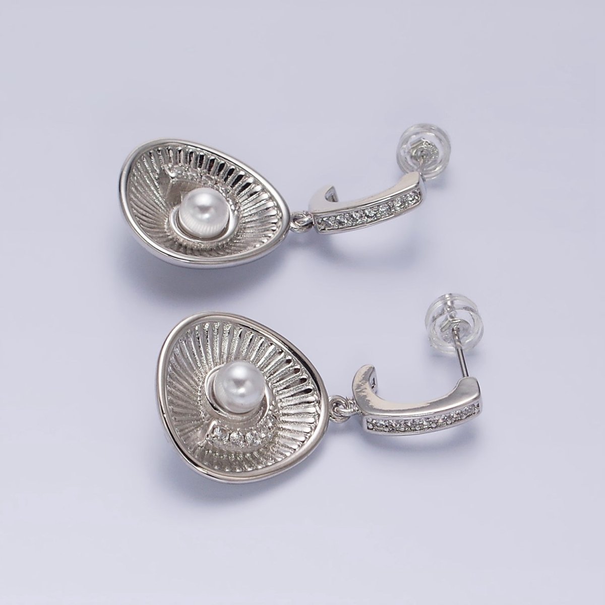 16K Gold Filled Clam Sea Shell Drop Micro Paved CZ J-Shaped Hoop Earrings in Gold & Silver | AD956 AD957