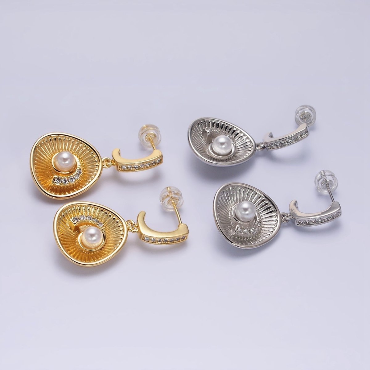 16K Gold Filled Clam Sea Shell Drop Micro Paved CZ J-Shaped Hoop Earrings in Gold & Silver | AD956 AD957