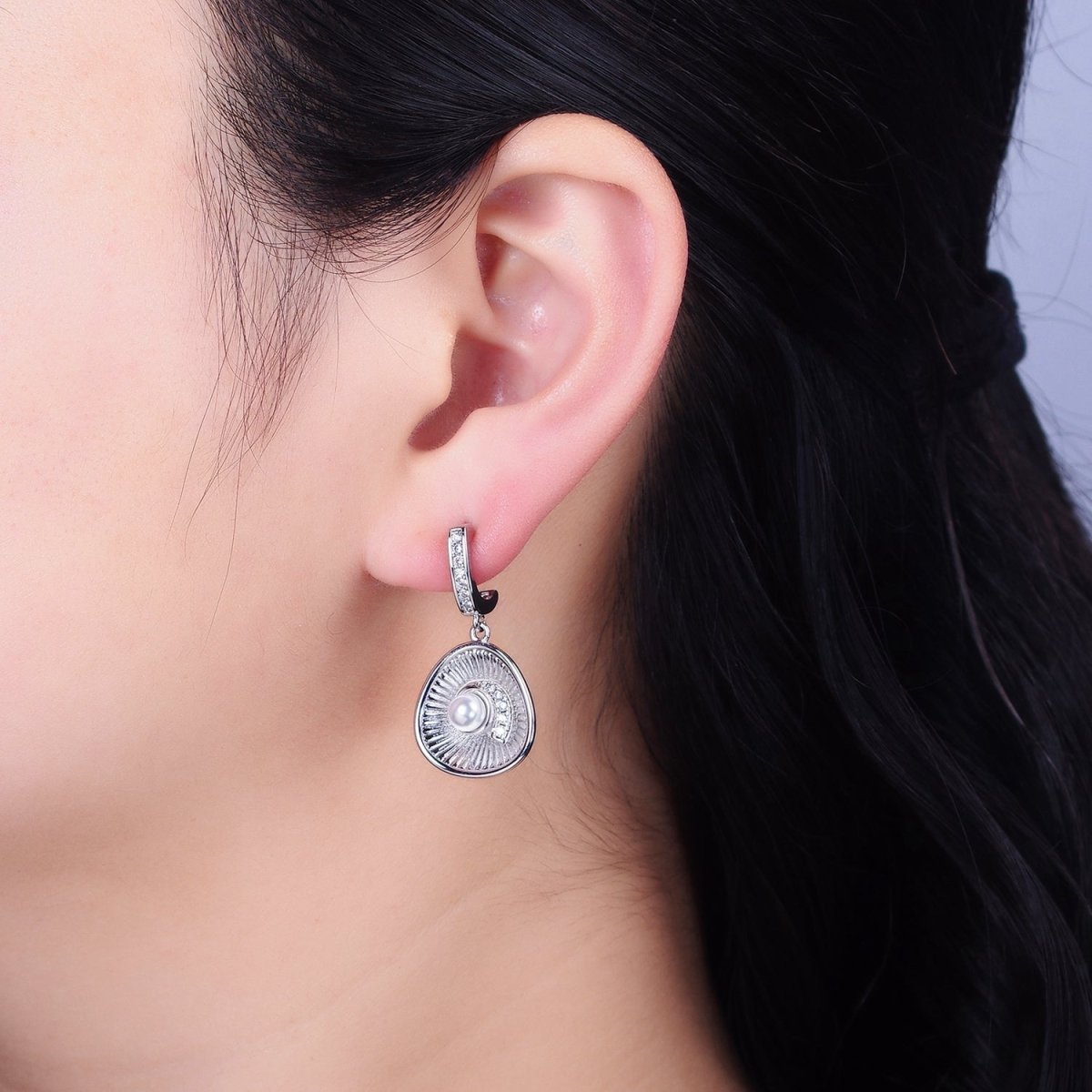 16K Gold Filled Clam Sea Shell Drop Micro Paved CZ J-Shaped Hoop Earrings in Gold & Silver | AD956 AD957