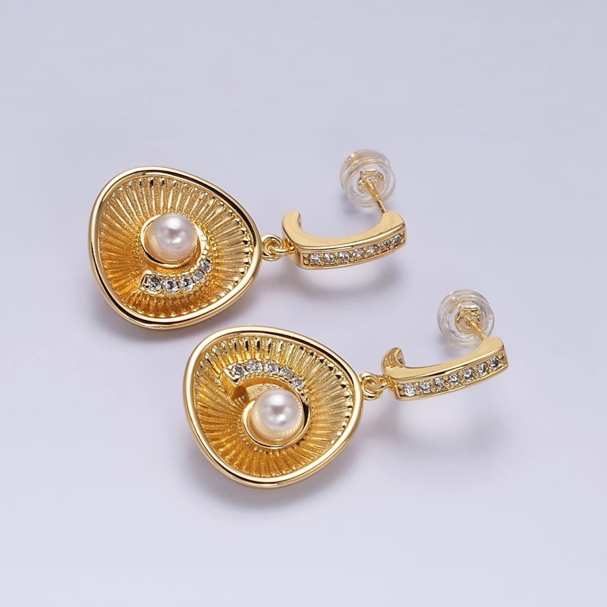 16K Gold Filled Clam Sea Shell Drop Micro Paved CZ J-Shaped Hoop Earrings in Gold & Silver | AD956 AD957