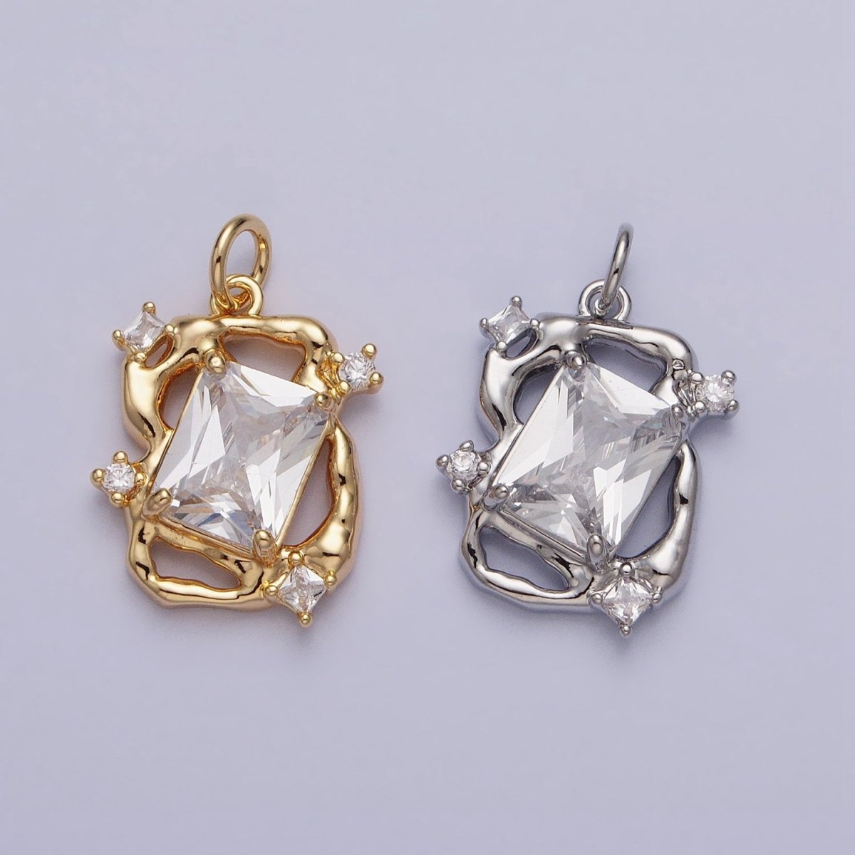 16K Gold Filled Clear Baguette CZ Hammered Abstract Open Charm in Gold & Silver | AC956 AC957