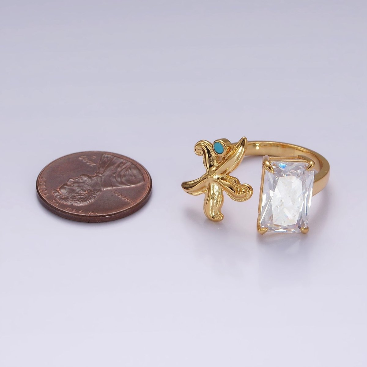 16K Gold Filled Clear Baguette CZ Turquoise Starfish Open Claw Ring | O1058