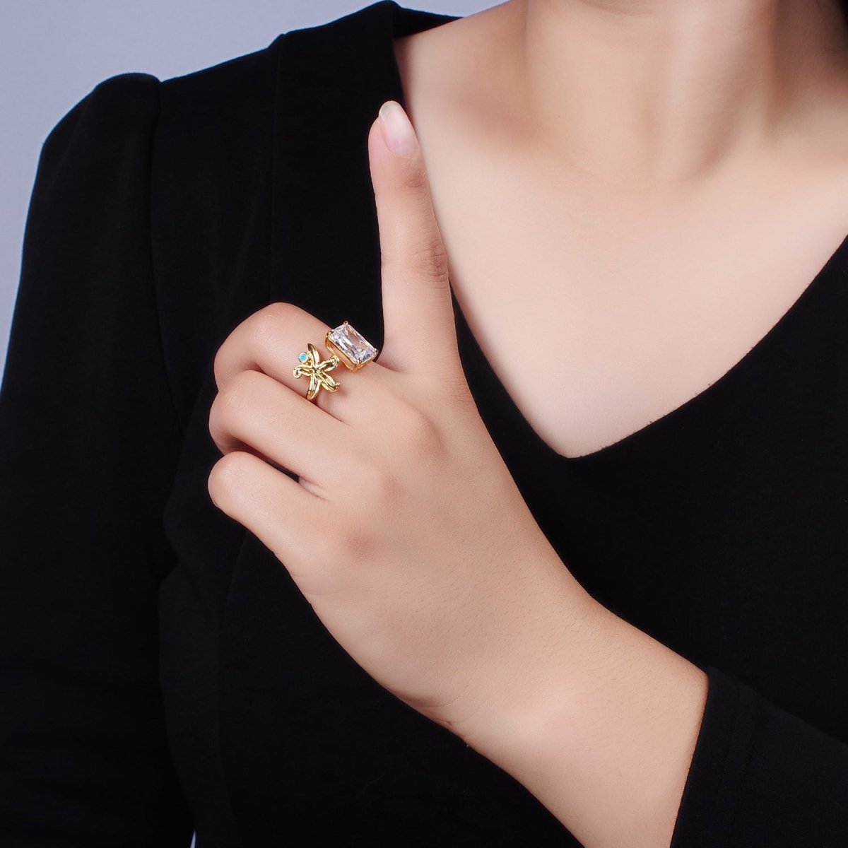 16K Gold Filled Clear Baguette CZ Turquoise Starfish Open Claw Ring | O1058
